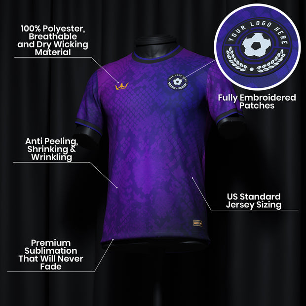 Purple-Black Custom Soccer Jersey Closeups Bulk Team Logo Details