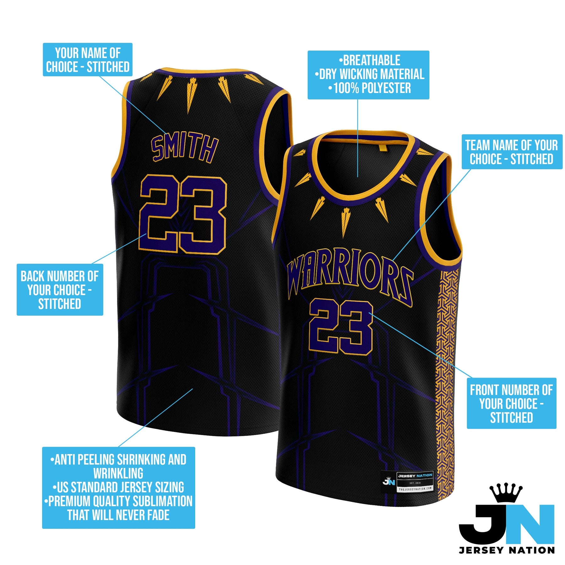The Jersey Nation Black Purple-Gold Custom Basketball Jersey - XXL